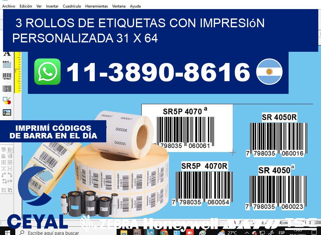 3 rollos de etiquetas con impresión personalizada 31 x 64