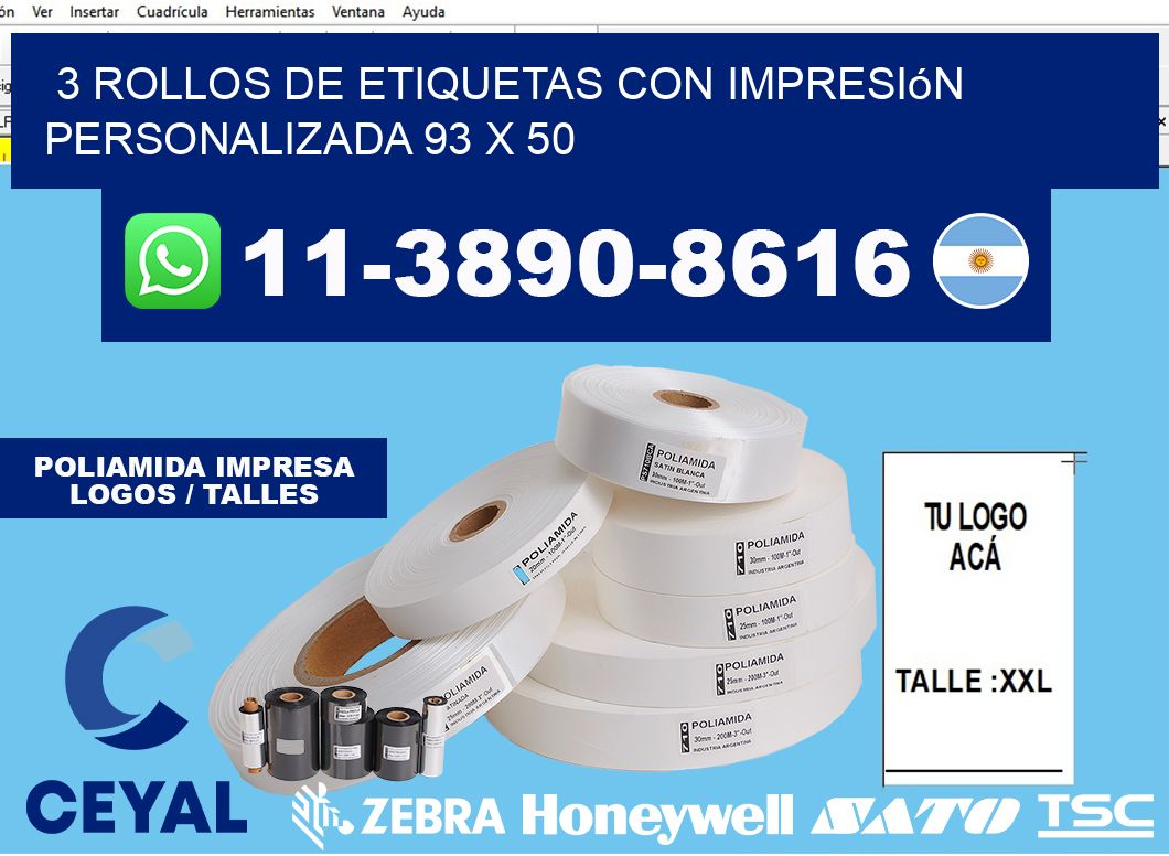 3 rollos de etiquetas con impresión personalizada 93 x 50