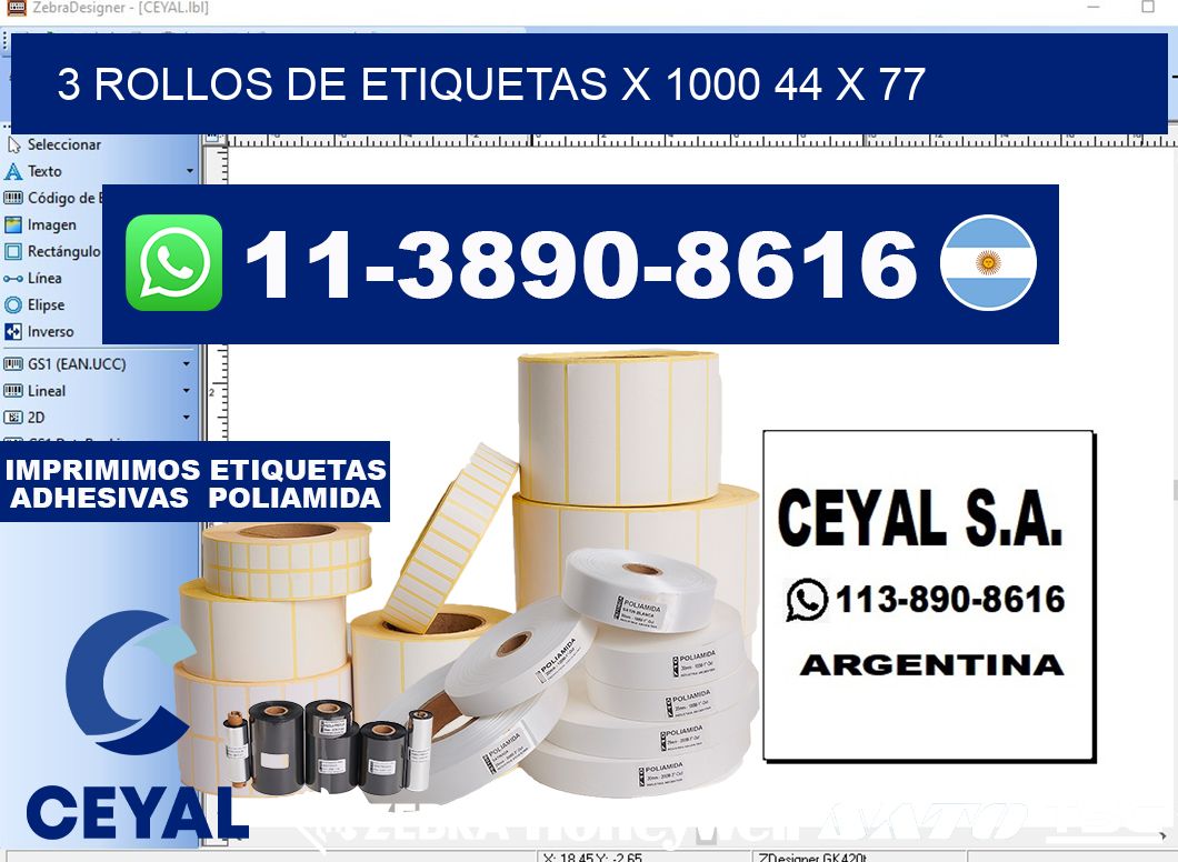 3 rollos de etiquetas x 1000 44 x 77