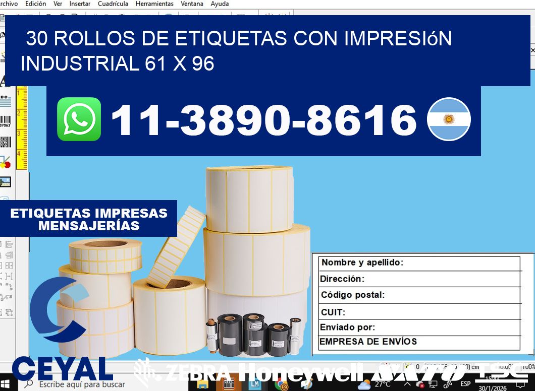 30 rollos de etiquetas con impresión industrial 61 x 96