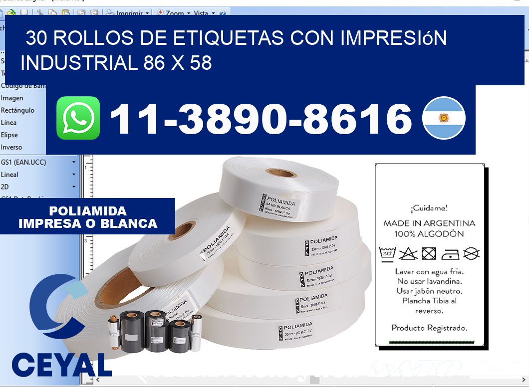 30 rollos de etiquetas con impresión industrial 86 x 58