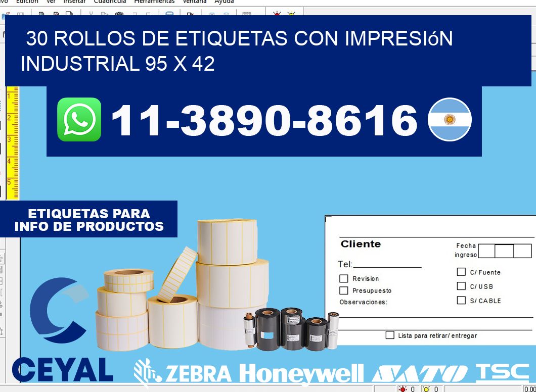 30 rollos de etiquetas con impresión industrial 95 x 42