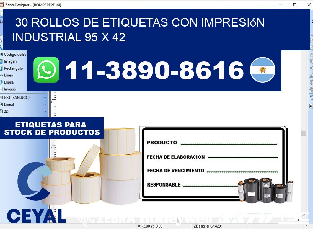30 rollos de etiquetas con impresión industrial 95 x 42