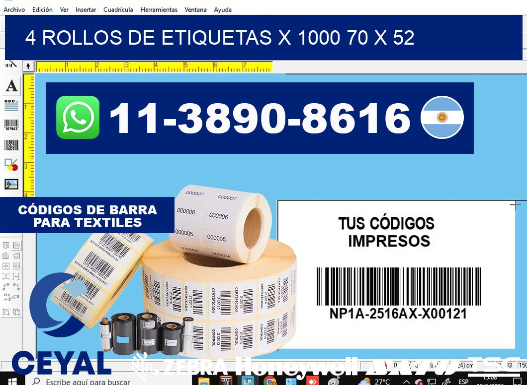 4 rollos de etiquetas x 1000 70 x 52