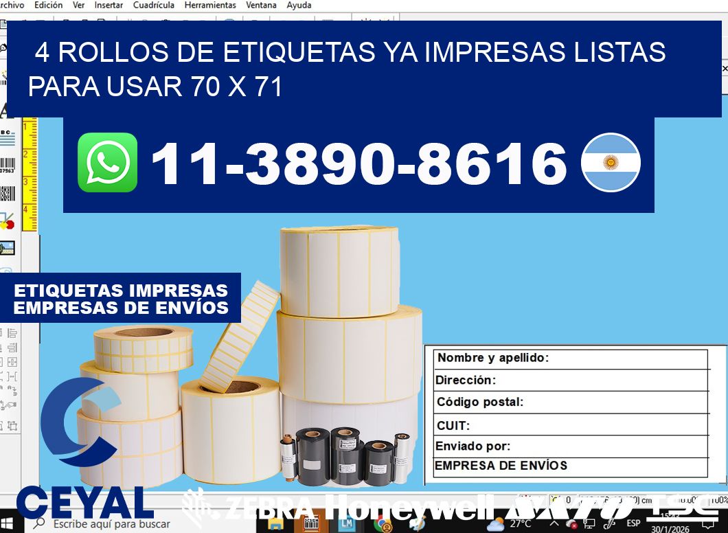 4 rollos de etiquetas ya impresas listas para usar 70 x 71