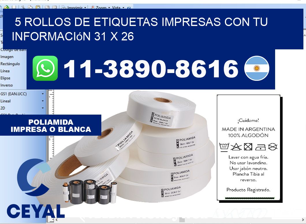 5 rollos de etiquetas impresas con tu información 31 x 26