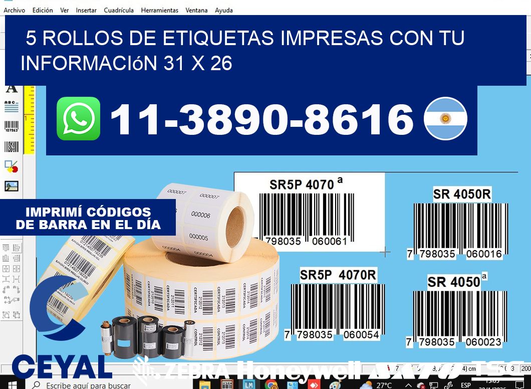 5 rollos de etiquetas impresas con tu información 31 x 26