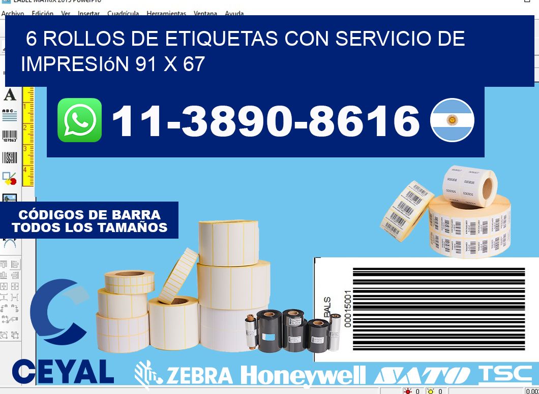 6 rollos de etiquetas con servicio de impresión 91 x 67