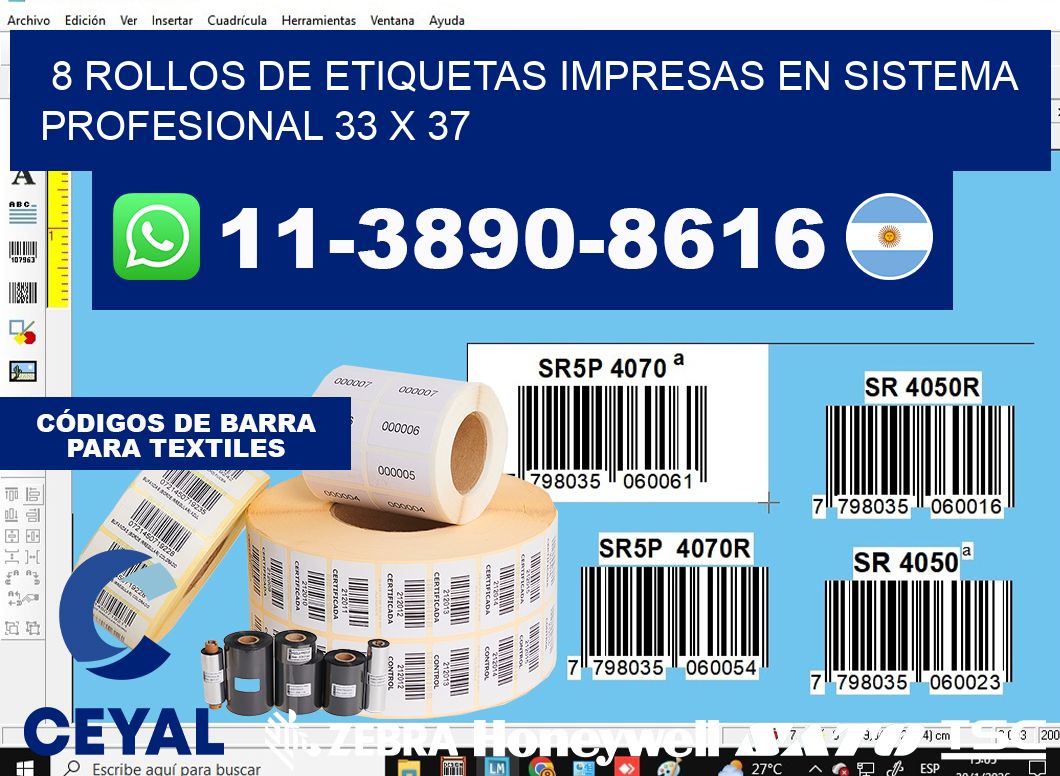 8 rollos de etiquetas impresas en sistema profesional 33 x 37